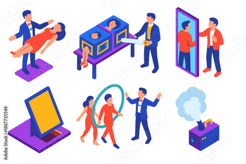 Stage Illusions Icons. Isometric vector illustration set Stage Illusions: levitating assistant, box sawing trick, mirror illusion,