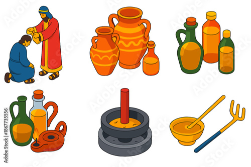 Oleology Icons Set. Isometric vector illustration set Oleology: ceremonial anointing with oil, oil jars and amphorae, cooking oil