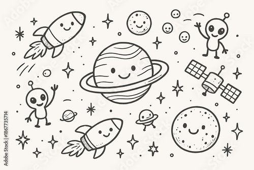 Whimsical Space Adventure. Whimsical doodle outer space with rockets smiling, planets with faces, tiny aliens waving, stars