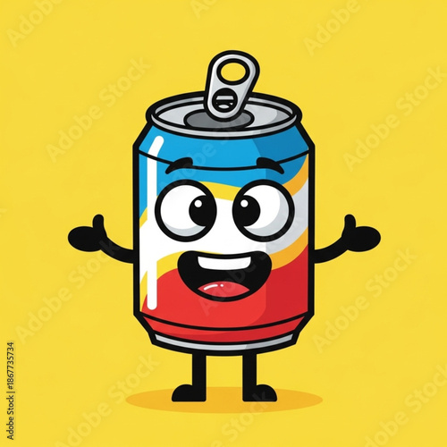 Happy cartoon soda can mascot character waving on yellow background, illustration for refreshment and beverage promotion