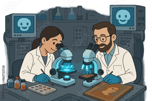 Futuristic Science Lab. Scientific analysis lab with glowing microscopes, smiling x-ray machines, and conservators studying