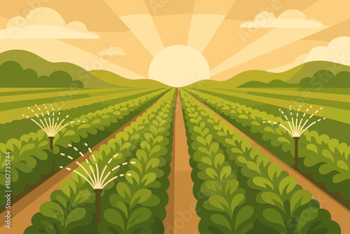 Sustainable Crop Irrigation. Sprinklers watering rows of lush green crops under soft vector illustration sunlight, earthy tones,
