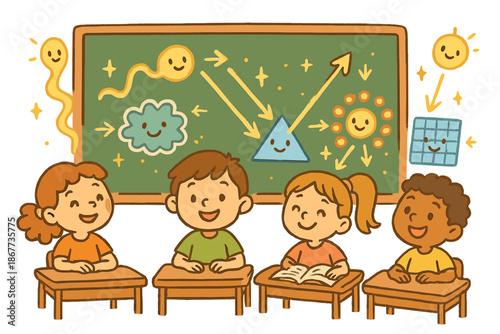 Nano-Optics Classroom Fun. Adorable doodle nano-optics classroom with smiling students, cartoon beams of light, cheerful