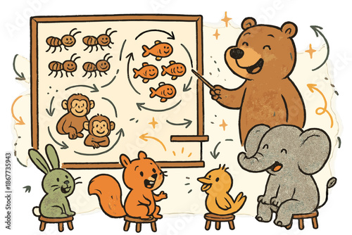 Animal Classroom Whimsy. Whimsical doodle animal decision-making classroom with happy students, cartoon diagrams of ants, fish,