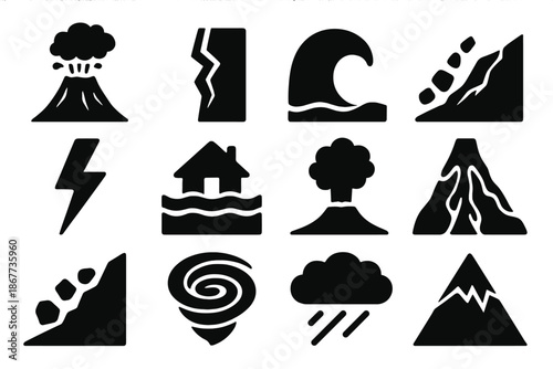 Natural Disaster Icons. Solid style icons of natural disasters in history: volcano eruption, earthquake crack, tsunami wave,