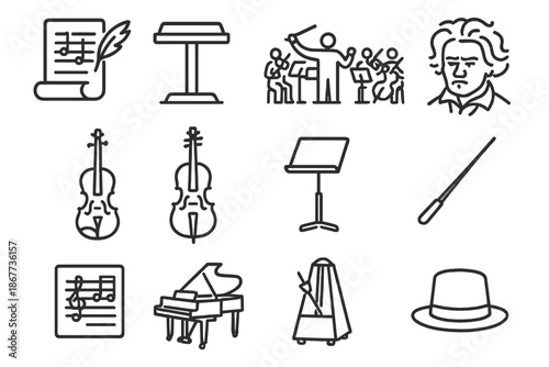 Lost Symphony Icons. Line style icons of Lost Symphony: Unfinished Score, Conductor's Podium, Silent Orchestra, Lost Genius;