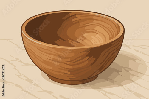 Minimalist Wooden Bowl. Close-up of a smooth vector illustration wooden bowl resting on a marble surface, rich natural textures,