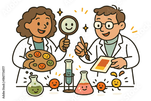 Cheerful Paint Testing. Friendly doodle chemical testing of historical paints with happy scientists, cartoon beakers and pigments