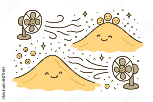 Smiling Desert Breeze. Adorable doodle desert wind experiment with smiling sand grains, cartoon fans blowing, cheerful dunes with