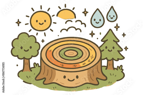 Cheerful Climate Doodles. Cute doodle climatic reconstruction scene with smiling trees, cartoon rings colored to show seasons,