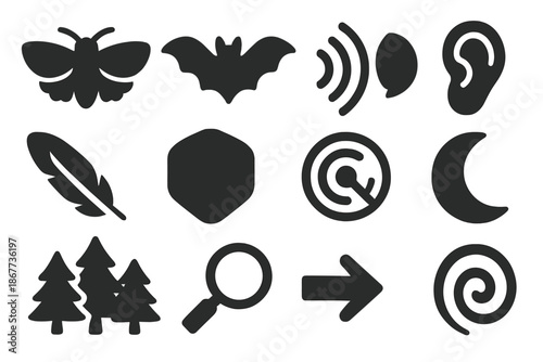Moth Camouflage Icons. Solid style icons of acoustic camouflage and moth defenses: moth, bat, sound wave, ear, wing, scale, radar