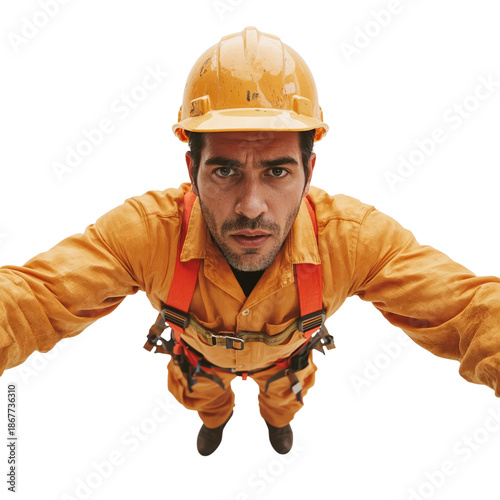 Worker in Safety Gear Looks up While on Duty at a Construction Site in Bright...