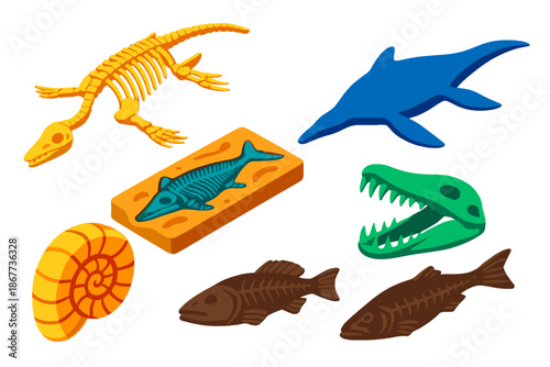 Extinct Marine Reptiles. Isometric vector illustration set Extinct Marine Reptiles: plesiosaur skeleton, ichthyosaur fossil,