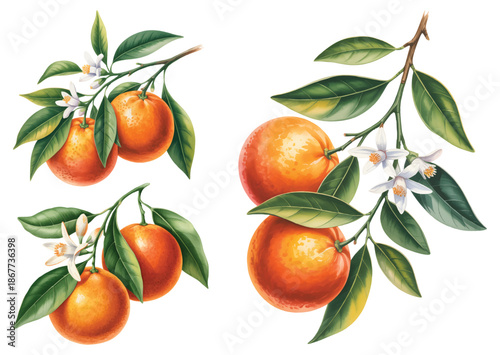 Watercolor orange fruit collection with fruits, slices, and green leaves. Fresh citrus orange branch with blossoms.