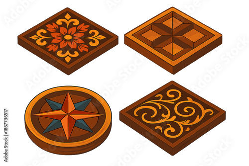 Intricate Wood Inlay Designs. Isometric vector illustration set Intricate Wood Inlay Patterns: Floral arabesque motif, geometric