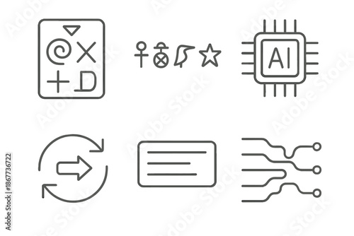 Automated Script Translation Icons. Line vector icons of automated ancient text translation: relic script outline, glyph row, AI
