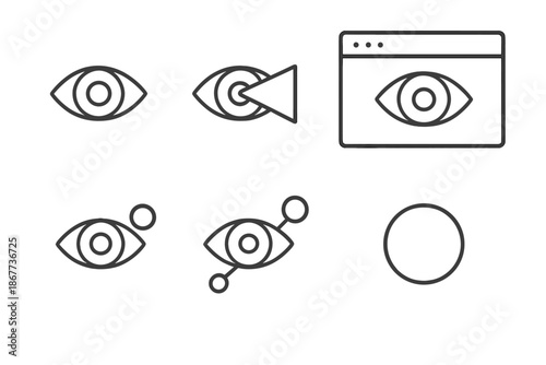 Eye Tracking Icons. Line vector icons of on-screen eye tracking: iris outline, direction beam, webpage tile, interest point,
