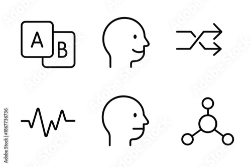 Mood Evaluation Icons. Line vector icons of mood-driven A/B evaluation: paired variants, slight smile, neutral profile, switching