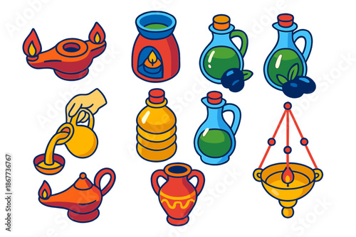 Oleology Icons Collection. Isometric vector illustration set Oleology: oil lamps and burners, olive oil jars, ritual pouring,
