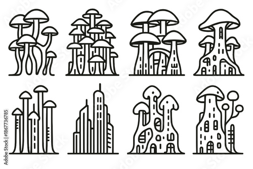 Fungal Skyscraper Icons. Line style icons of fungal skyscraper networks: interconnected stems, layered growth, cap bridges,