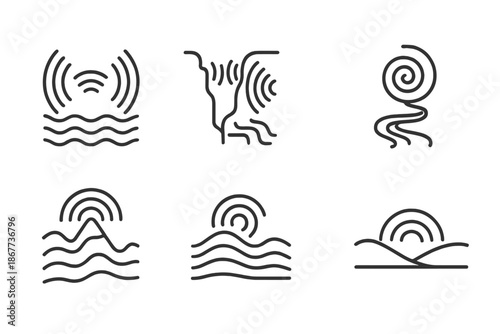 Echoing Landscape Icons. Line style icons of echoing landscape systems: wave reflection, canyon line, sound spiral, tonal path,