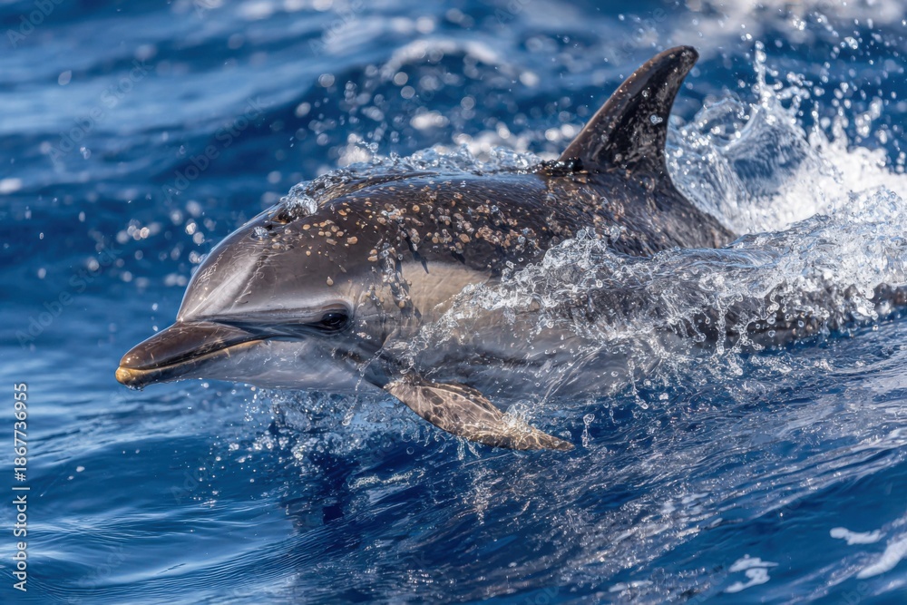 Fototapeta premium A dolphin swims and plays in the ocean while splashing water around in bright sunlight. The water is blue and clear