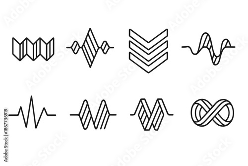 Pleated Rhythmic Icons. Line style icons of pleated rhythmic structures: folded rhythm, pulsing pattern, layered pulse, wave