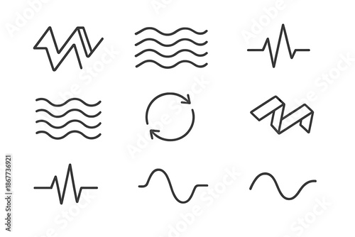 Rhythmic Line Icons. Line style icons of rhythmic folded design: pleated beat line, layered flow, heartbeat pulse, creased motion,
