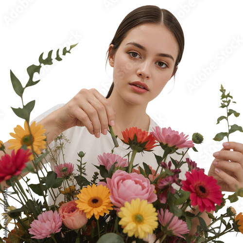 Young Person Arranges Colorful Flowers in a Bright Room During a Creative Wor...