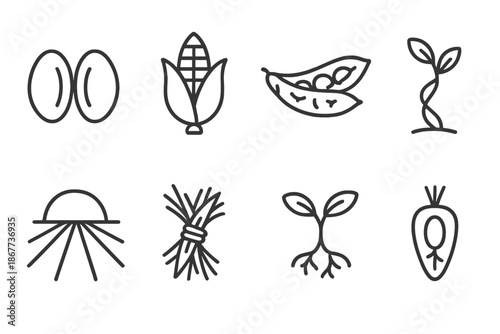 Paradoxical Crop Icons. Line style icons of paradoxical crop elements: mirrored seed, logical husk, broken pod, twisting stalk,