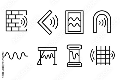 Structural Sound Wave Icons. Line style icons of structural sound waves: resonant wall, echo beam, oscillating frame, rhythmic