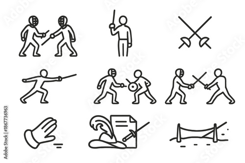 Dueling Icon Collection. Line style icons of dueling scenes: opponent pair, salute gesture, crossed swords, forward lunge; retreat