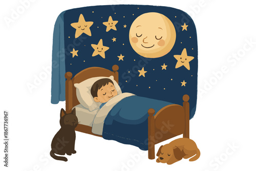 Moonlit Dreamland. Dreamy bedroom scene with smiling moon, playful stars, and a person tucked in while animals guard the bed No