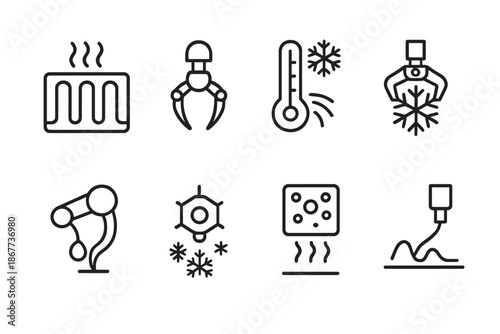 Snow-Melt Nano-Tools Icons. Line style icons of snow-melt nano-tools: miniature heater, micro claw, frost sensor, snowflake
