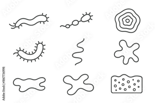 Microscopic Organism Dynamics. Line style icons of microscopic organism dynamics: waving bacterium, cellular trail, dynamic ripple