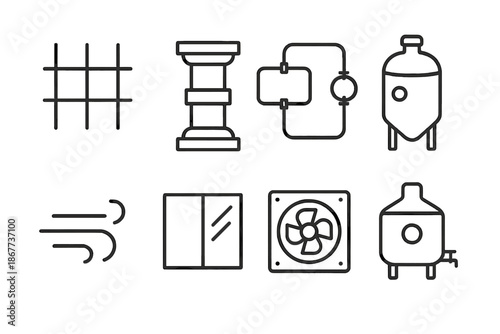Brewing Structure Icons. Line style icons of design-based brewing structures: architectural grid, layered column, structured