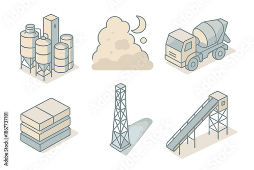 Silent Industrial Symphony. Isometric vector illustration set Silent Industrial Melody: cement plant outline, moonlit dust,