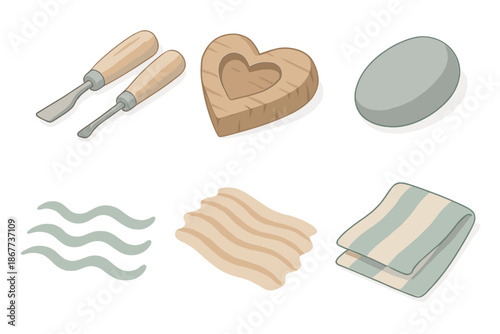 Handcraft Studio Icons. Isometric vector illustration set Shoreline Handcraft Studio: carving tools, driftwood heart, smooth