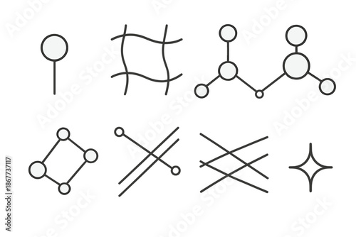 Glowing Network Nodes. Line style icons of pearly connection points: soft glowing node, curved contour grid, reflective hub,
