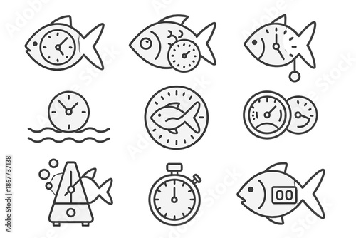 Marine Time Icons. Line style icons of fish time measurement: fin clock, scale grid timer, tidal pendulum, marine hour marker,