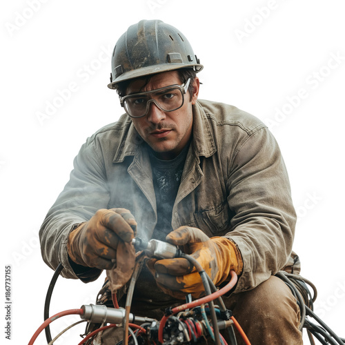 Worker Repairs Equipment in Industrial Location While Wearing Safety Gear and...
