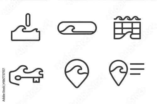 Fluid Interface Icons. Line style icons of fluid interface peaks: wave ridge tap, flowing bar selector, ocean curve toggle, ripple