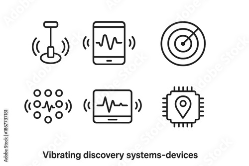 Vibration Detection Icons. Line style icons of vibrating discovery systems: oscillating finder tool, frequency scan pad, vibration