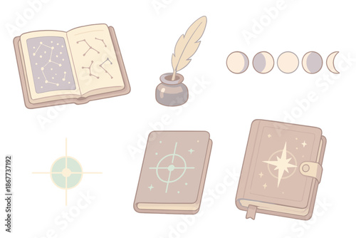 Astral Exploration Icons. Isometric vector illustration set Astral Exploration Journal: star atlas spread, hand-drawn