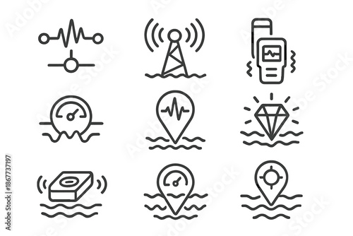 Geovibration Icons. Line style icons of geovibration reward systems: seismic signal node, ground-wave transmitter, trembling pulse