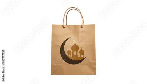 A brown paper shopping bag with a crescent moon and mosque design on transparent background