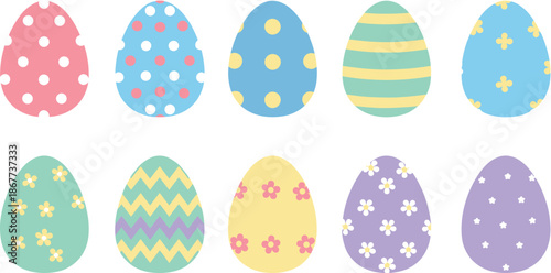Colorful easter eggs with various patterns isolated on white background