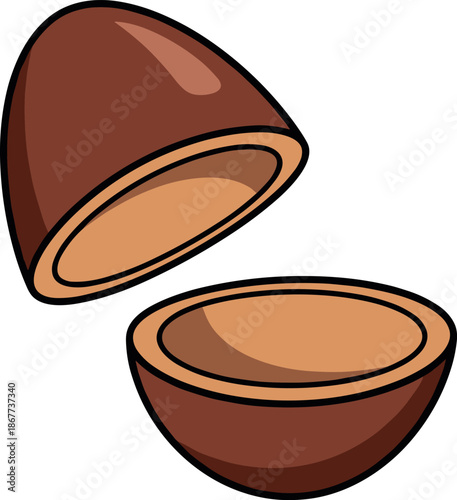 Brown chocolate candy shell with one half open on white background