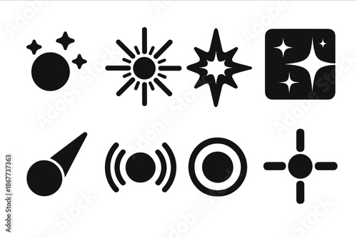 Shimmering Core Icons. Solid style icons of shimmering core indicators: central sphere, radiating lines, shine burst, reflective