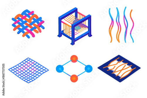 Quantum Weave Artistry. Isometric vector illustration set Quantum Loom Weave: woven quantum filaments, glowing loom frame,